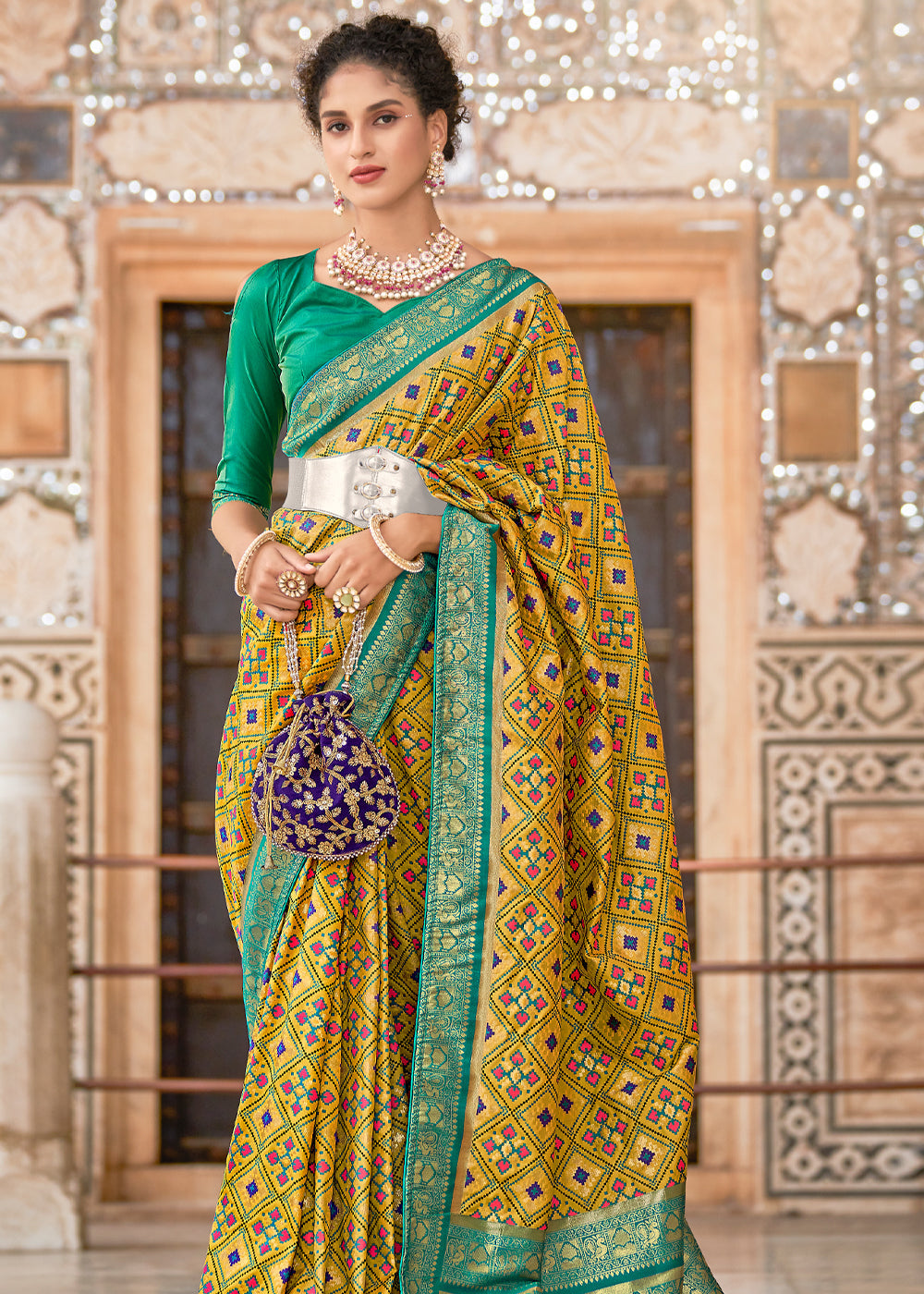 Buy MySilkLove Chenin Yellow and Green Zari Woven Patola Saree Online