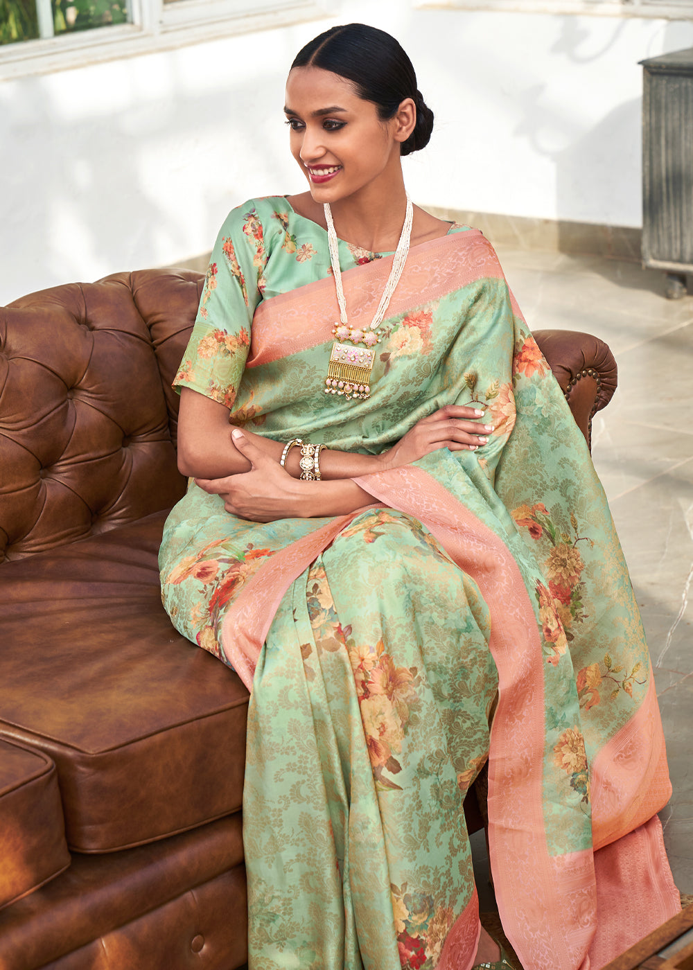 Buy MySilkLove Rainee Green Banarasi Jacquard Printed Saree Online