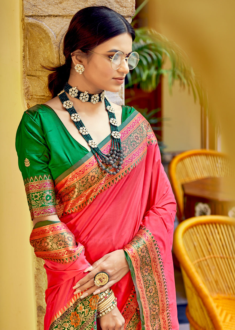 Buy MySilkLove Salmon Pink and Green Zari Woven Banarasi Soft Silk Saree Online