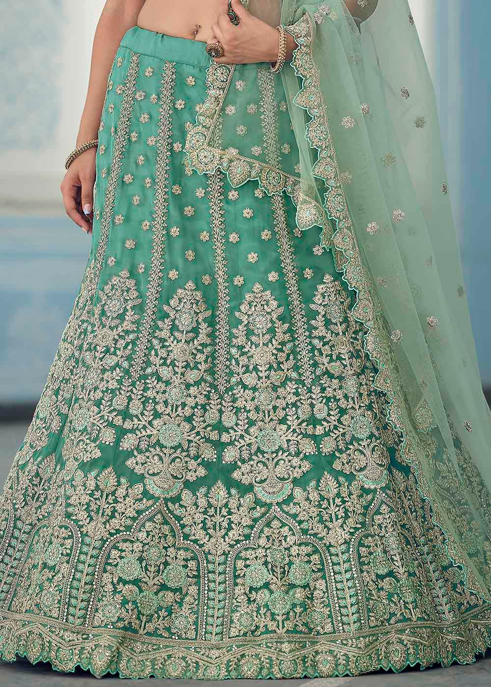 Buy MySilkLove Patina Green Organza Lehenga Choli Online