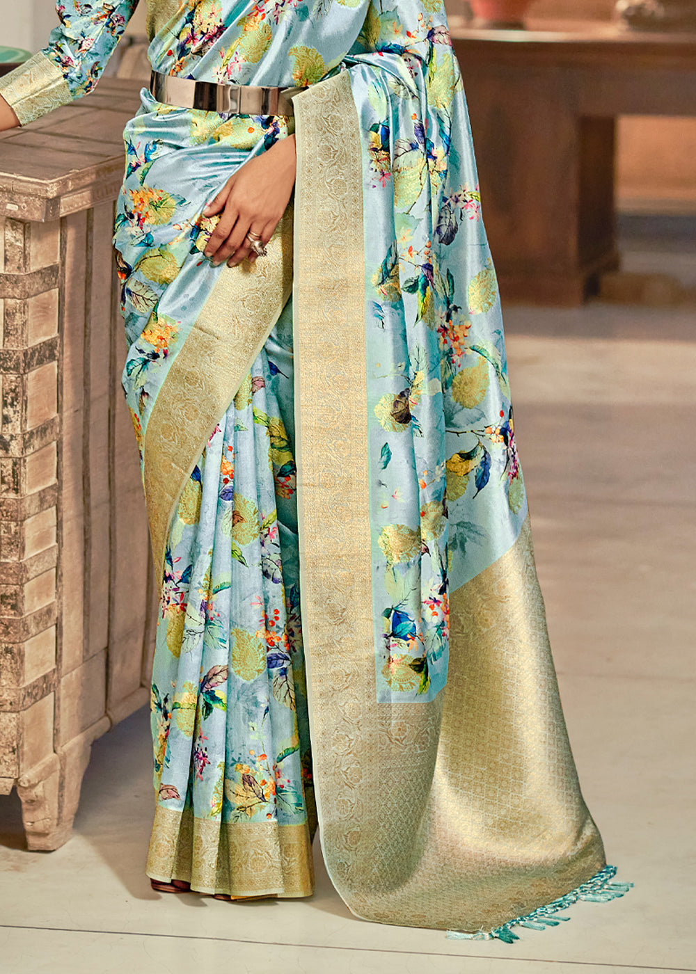 Buy MySilkLove Spring Rain Blue Digital Printed Banarasi Saree Online