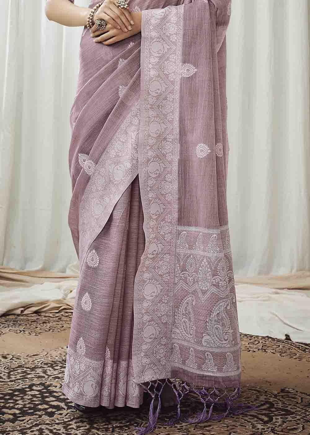 Buy MySilkLove Dusty Purple Chikankari Linen Saree Online