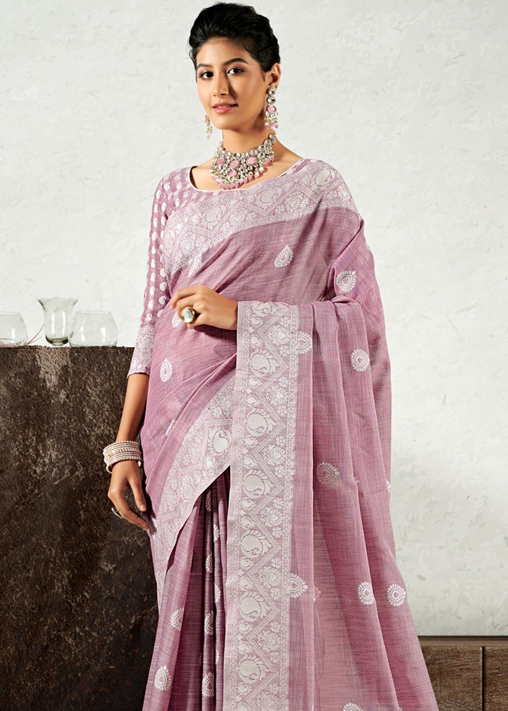 Buy MySilkLove Pink Pearl Zari Woven Linen Saree Online