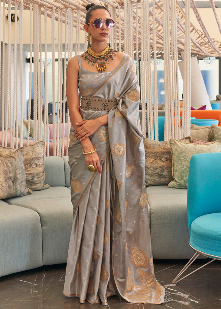 Buy MySilkLove Sage Grey Bronze Zari Woven Satin Silk Saree Online