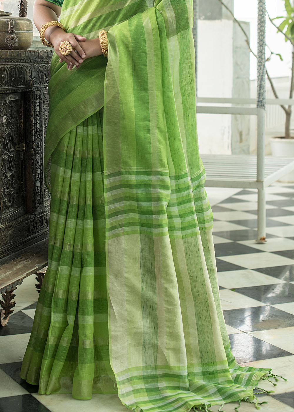 Buy MySilkLove Cucumber Green Zari Woven Striped Linen Saree Online