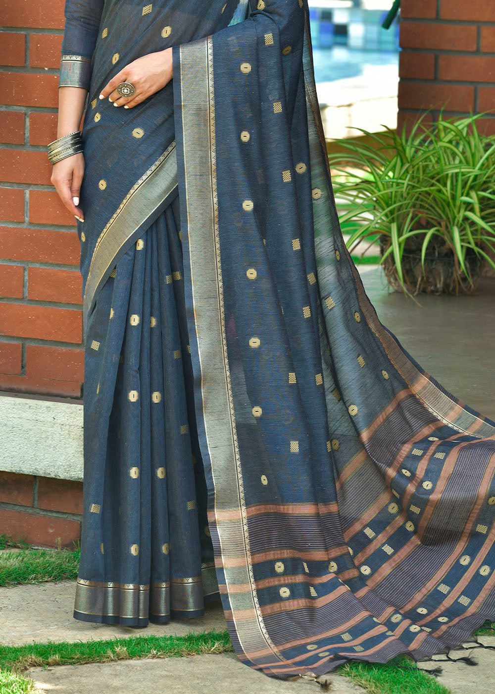 Buy MySilkLove Limed Spruce Blue Zari Woven Cotton Saree Online