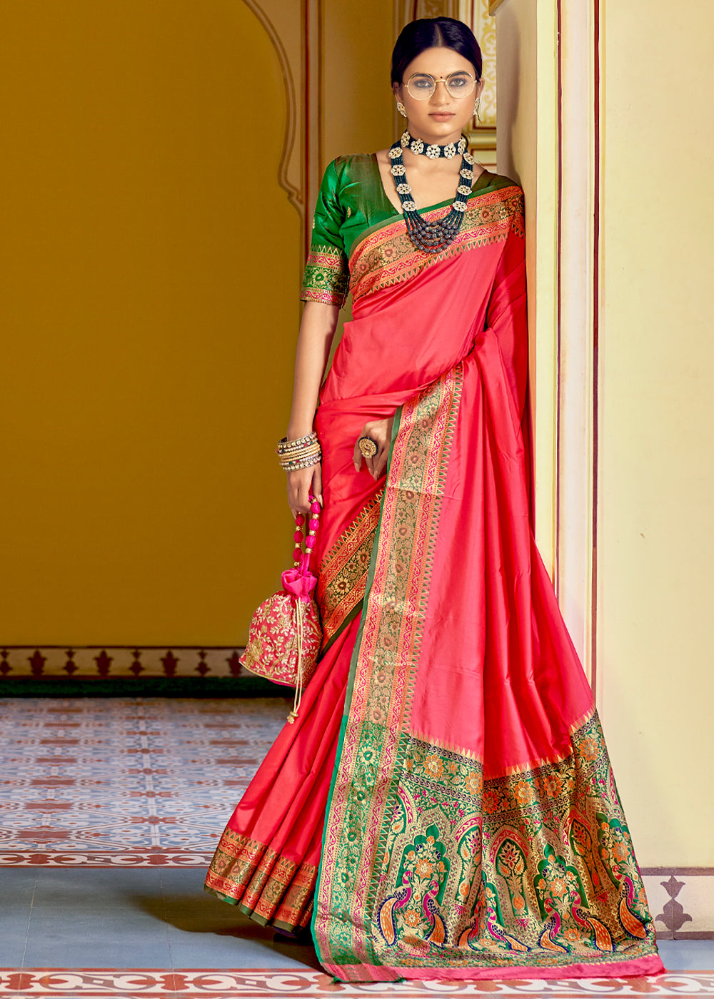 Buy MySilkLove Salmon Pink and Green Zari Woven Banarasi Soft Silk Saree Online