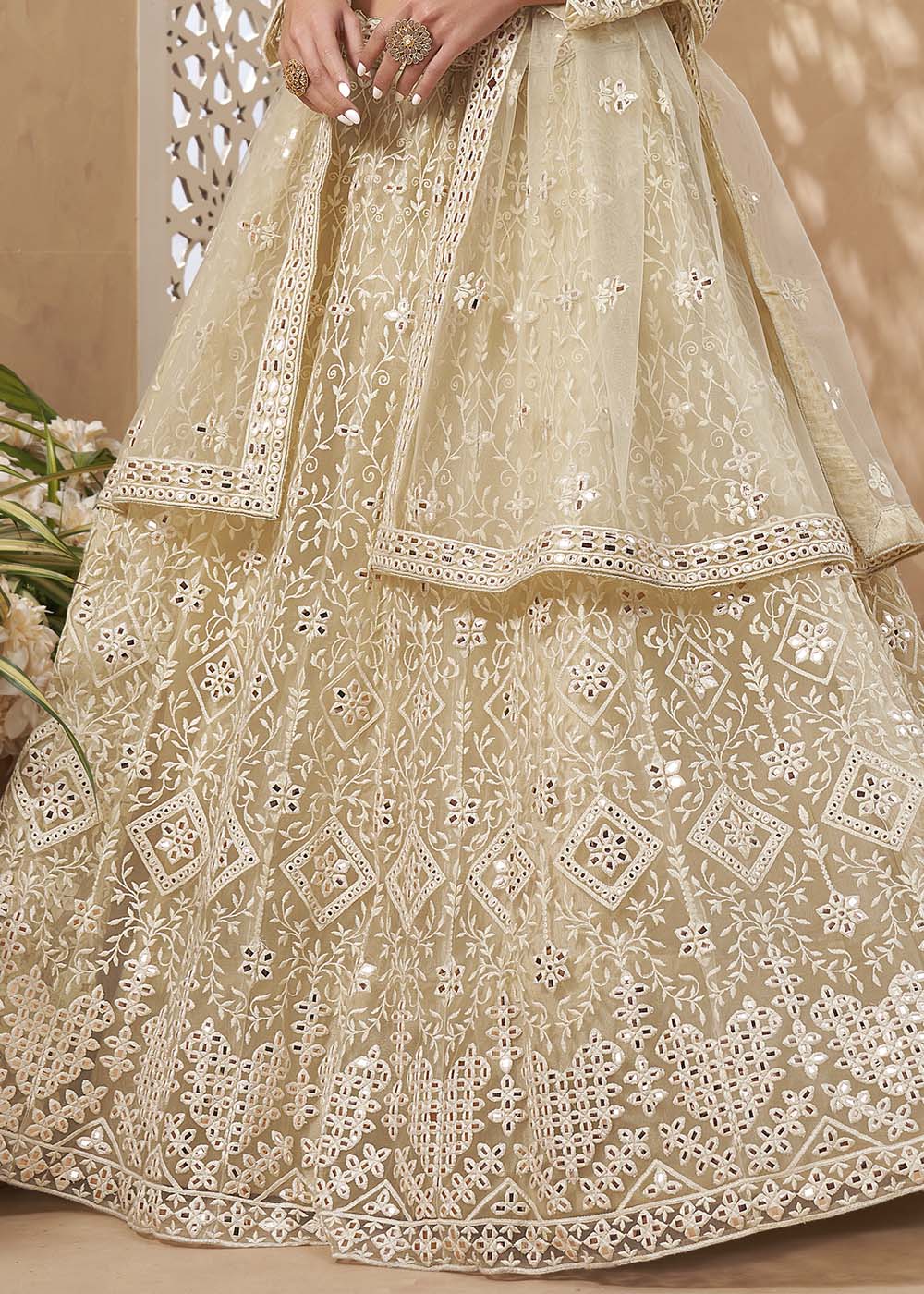 Buy MySilkLove Pavlova Light Yellow Designer Net Lehenga with Multi Thread Embroidery Work Online