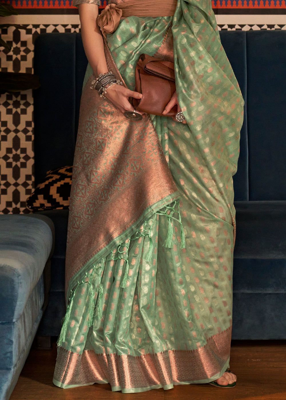 Buy MySilkLove Clay Green Zari Woven Tissue Saree Online