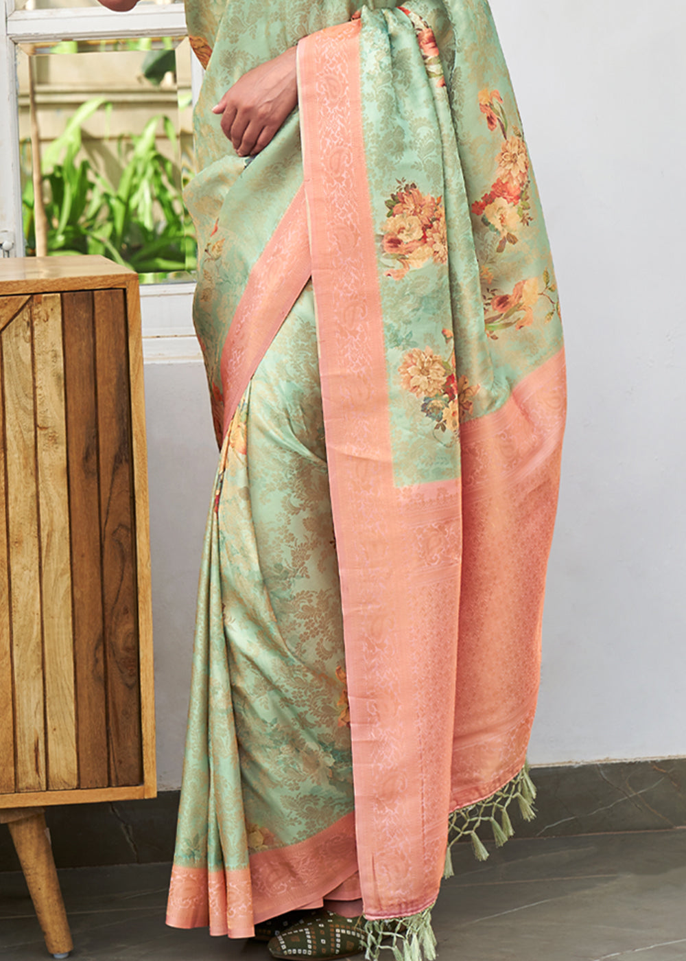 Buy MySilkLove Rainee Green Banarasi Jacquard Printed Saree Online