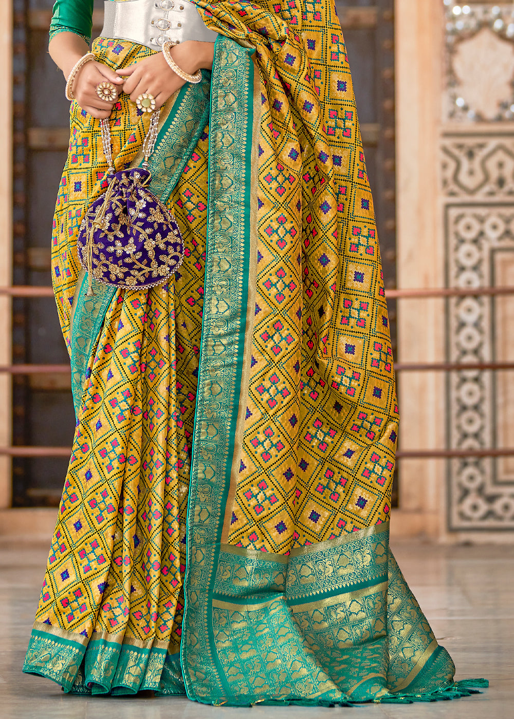 Buy MySilkLove Chenin Yellow and Green Zari Woven Patola Saree Online