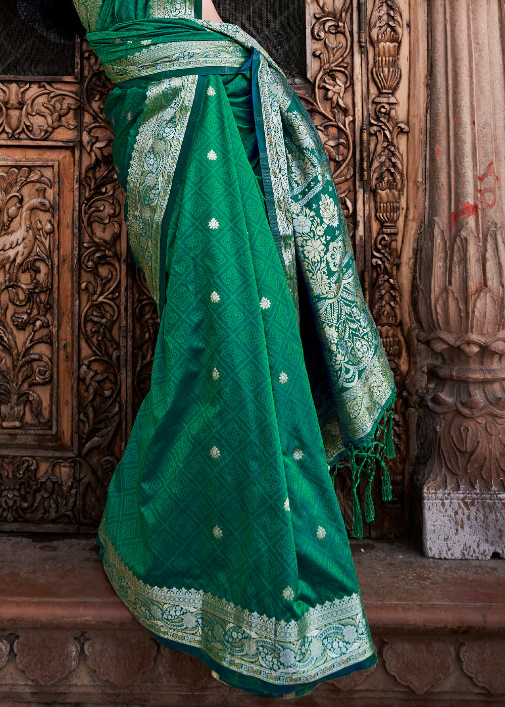 Buy MySilkLove Aqua Deep Green Woven Banarasi Satin Silk Saree Online