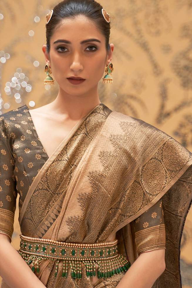 Buy MySilkLove Chocolate Brown Handloom Woven Kanjivaram Saree Online