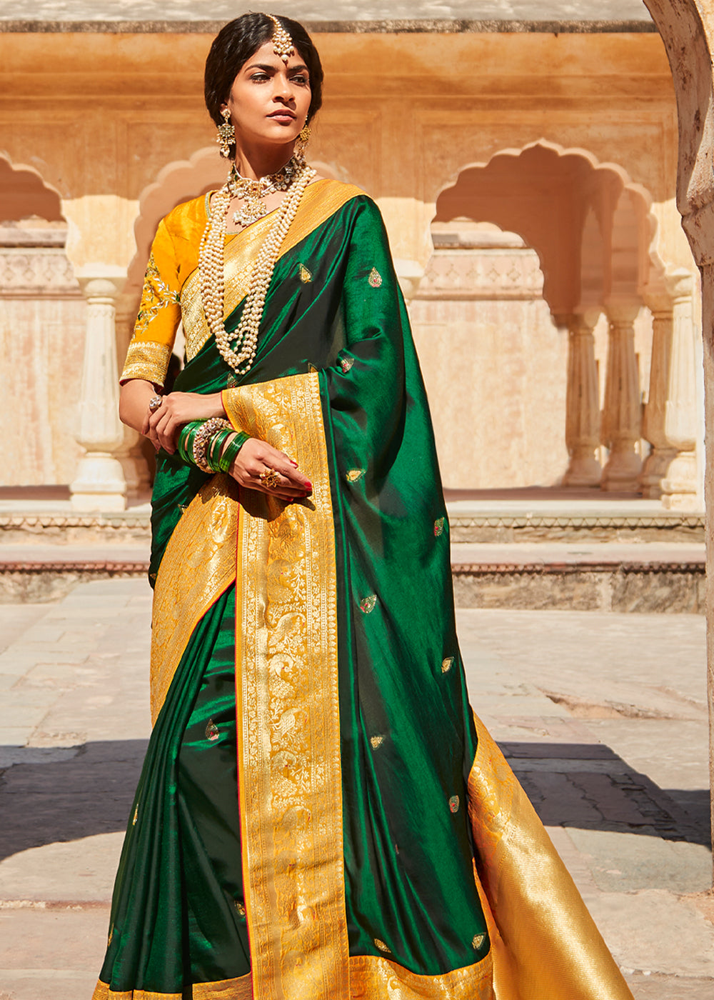 Buy MySilkLove Goblin Green and Yellow Zari Woven Designer Banarasi Saree Online