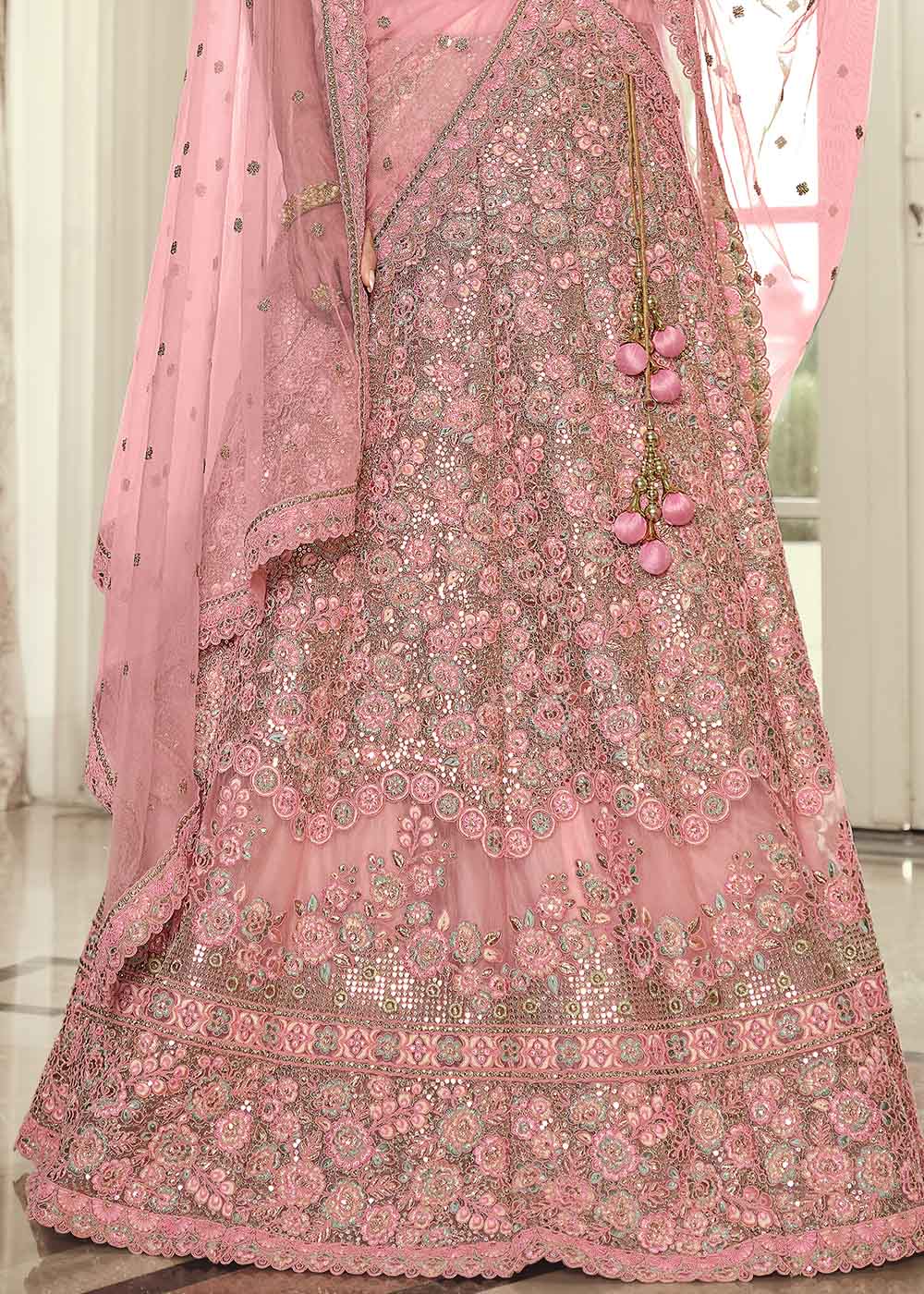 Buy MySilkLove Sundown Pink Net Designer Lehenga With Heavy Embroidered Work Online