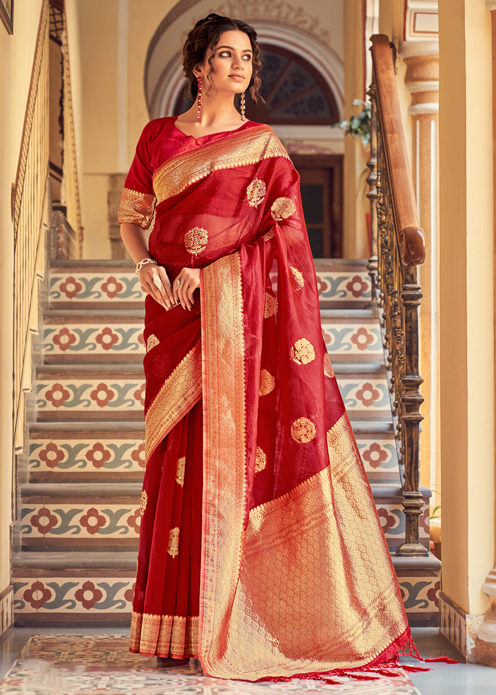 Buy MySilkLove Poppy Red Zari Woven Banarasi Organza Saree Online