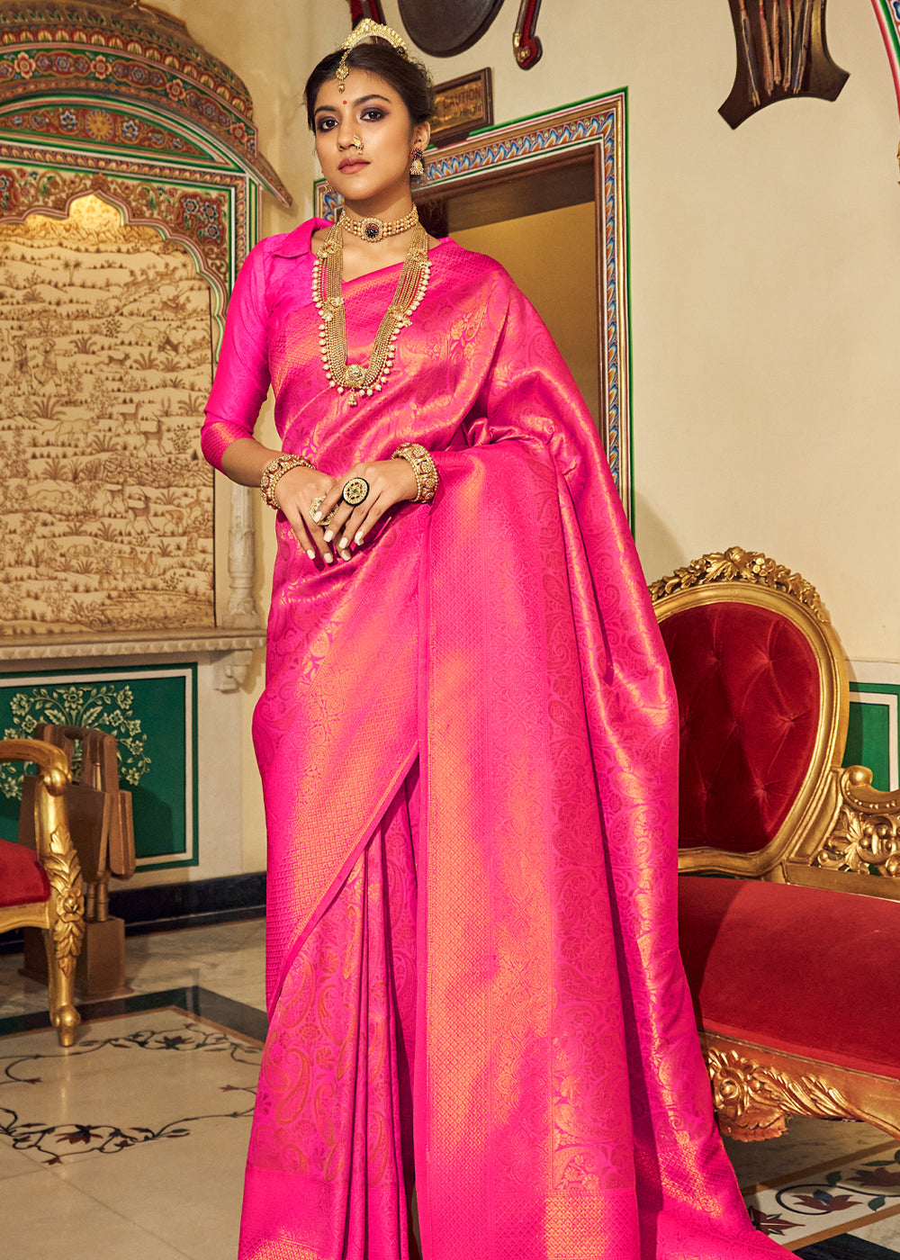 Buy MySilkLove Brink Pink Zari Woven Kanjivaram Silk Saree Online