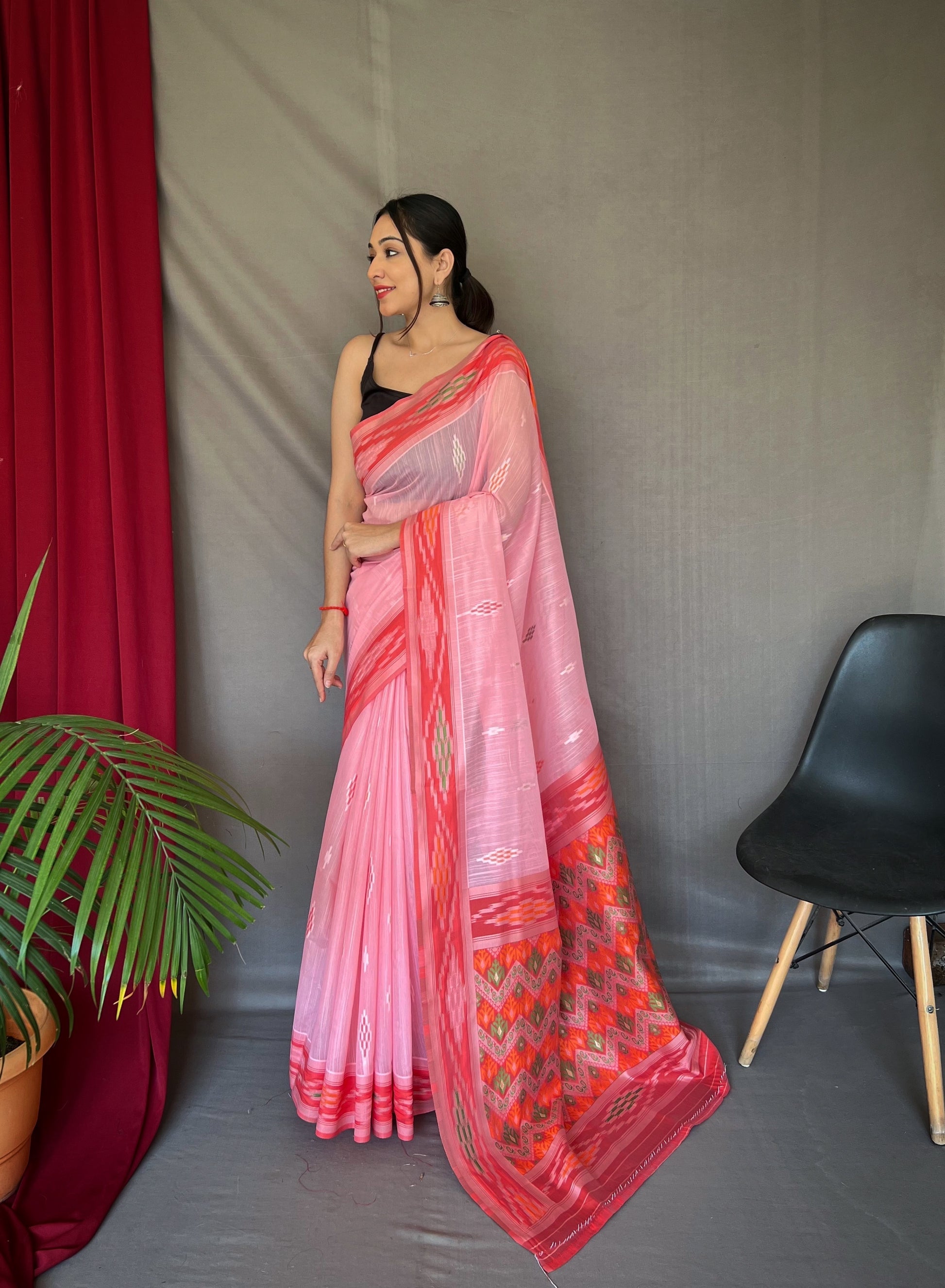 Buy MySilkLove Pastel Pink Ikat Woven Cotton Silk Saree Online