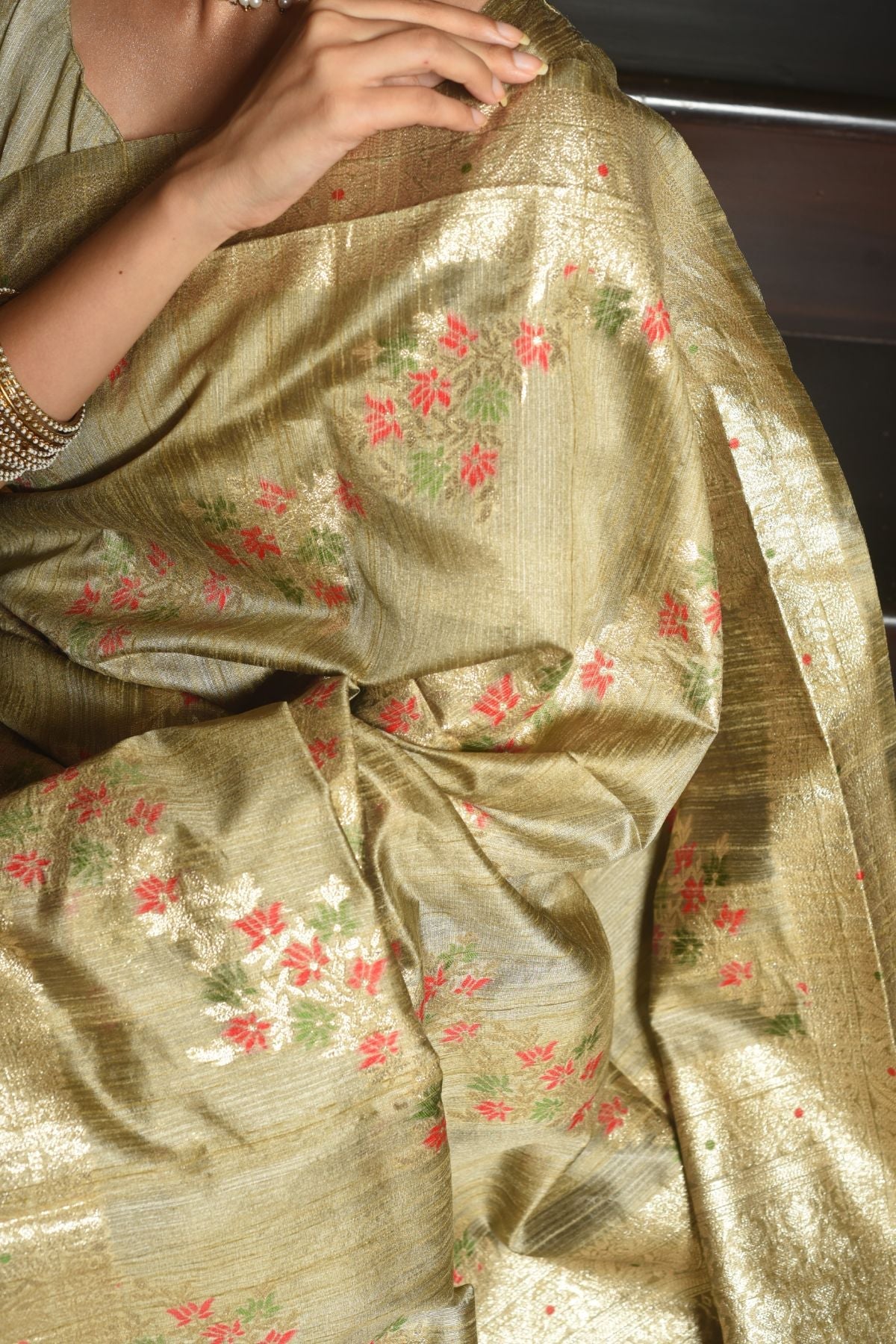 Buy MySilkLove Straw Cream Woven Tussar Silk Saree Online