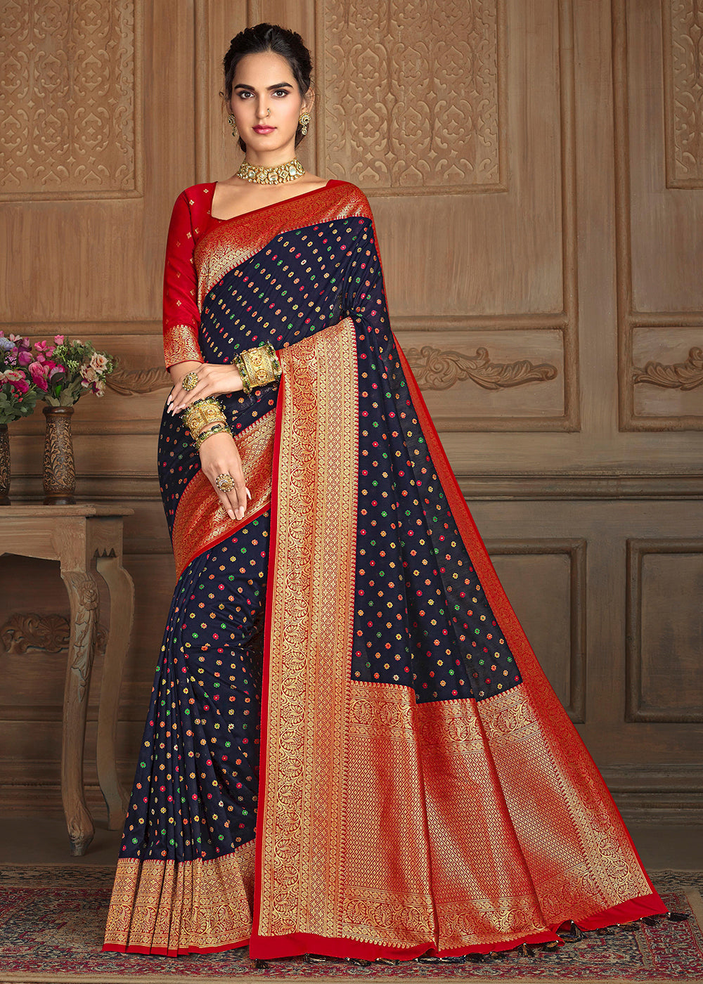 Buy MySilkLove Steel Blue and Red Zari Woven Banarasi Saree Online