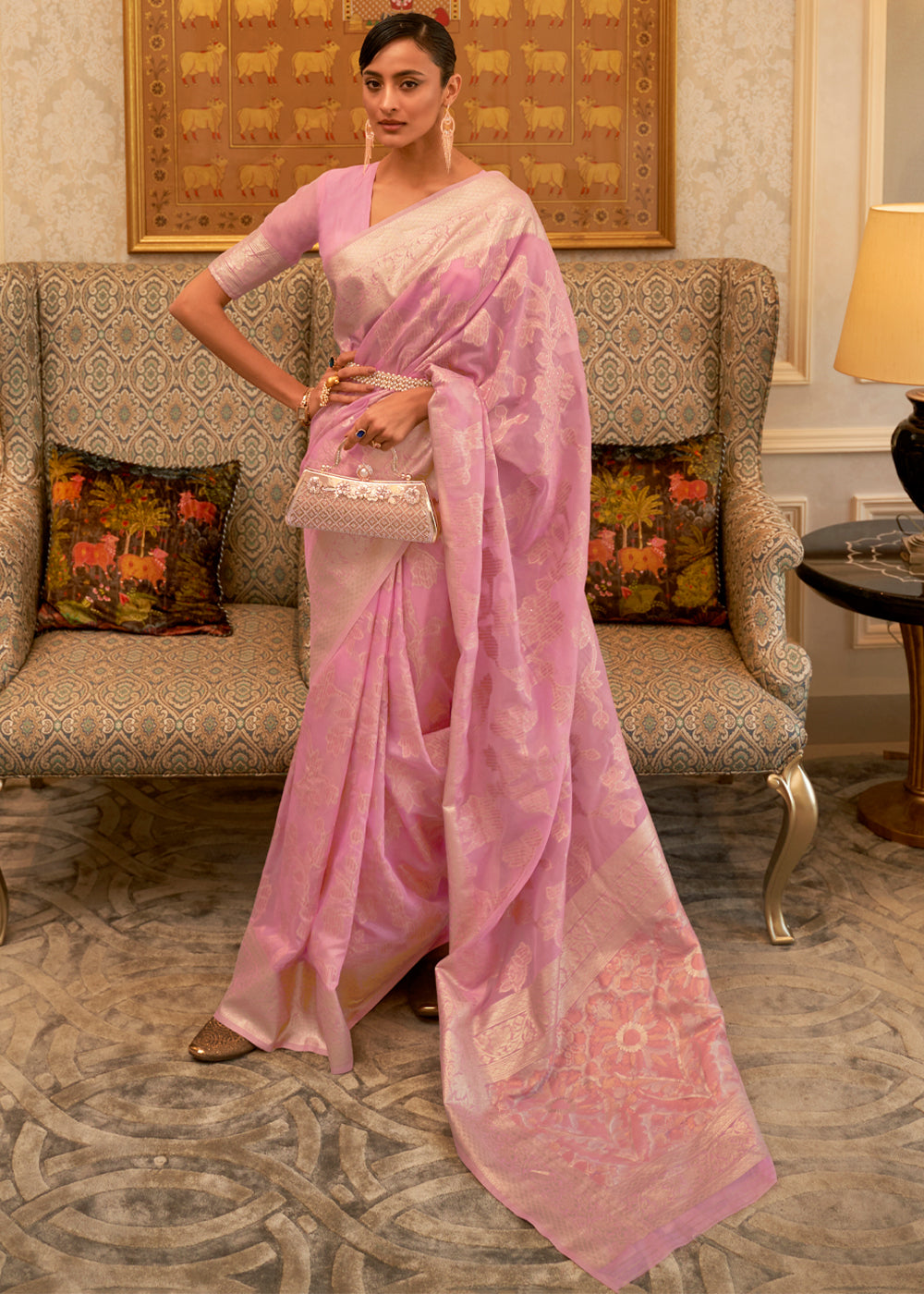 Buy MySilkLove Sea Pink Zari Woven Banarasi Cotton Saree Online