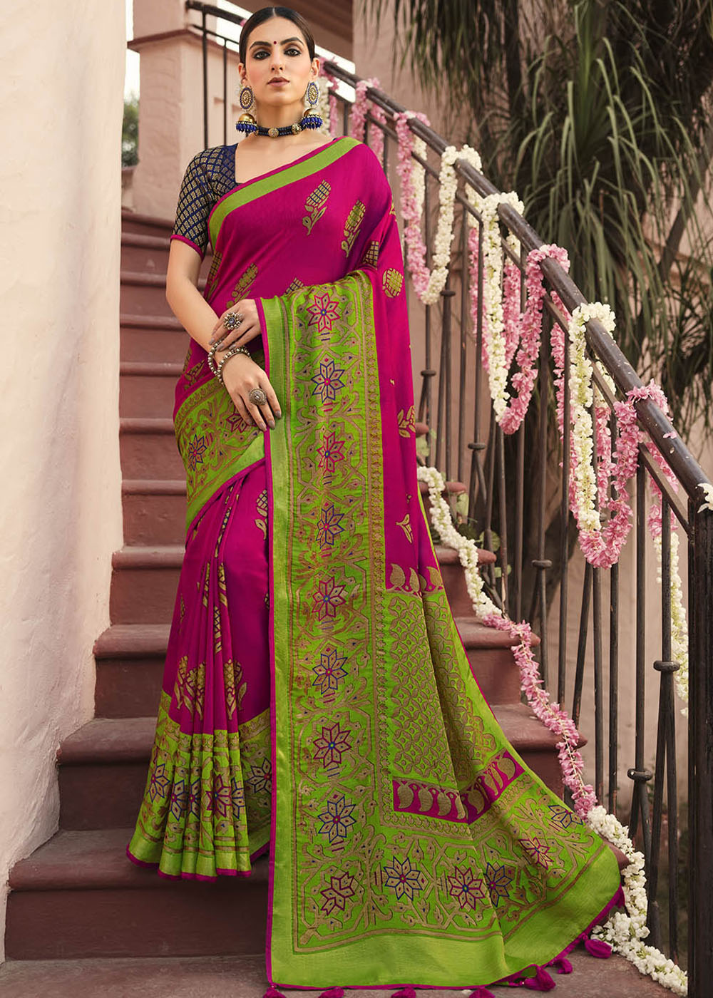 Buy MySilkLove Brick Pink and Green Soft Brasso Silk Saree Online