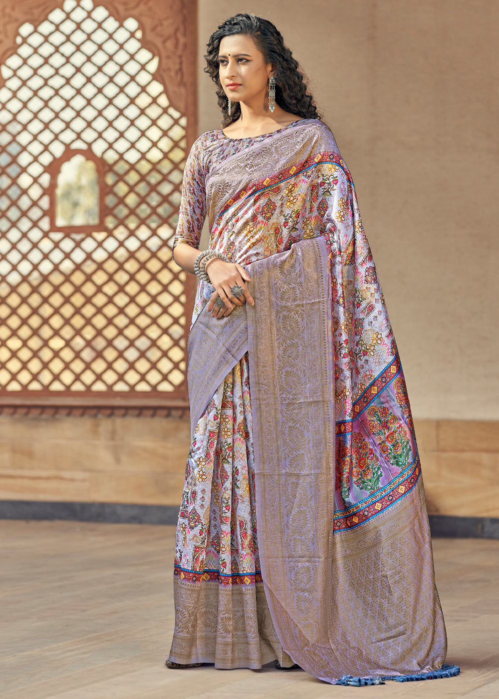 Buy MySilkLove Lilac Luster Purple Digital Printed Jacquard Silk Saree Online