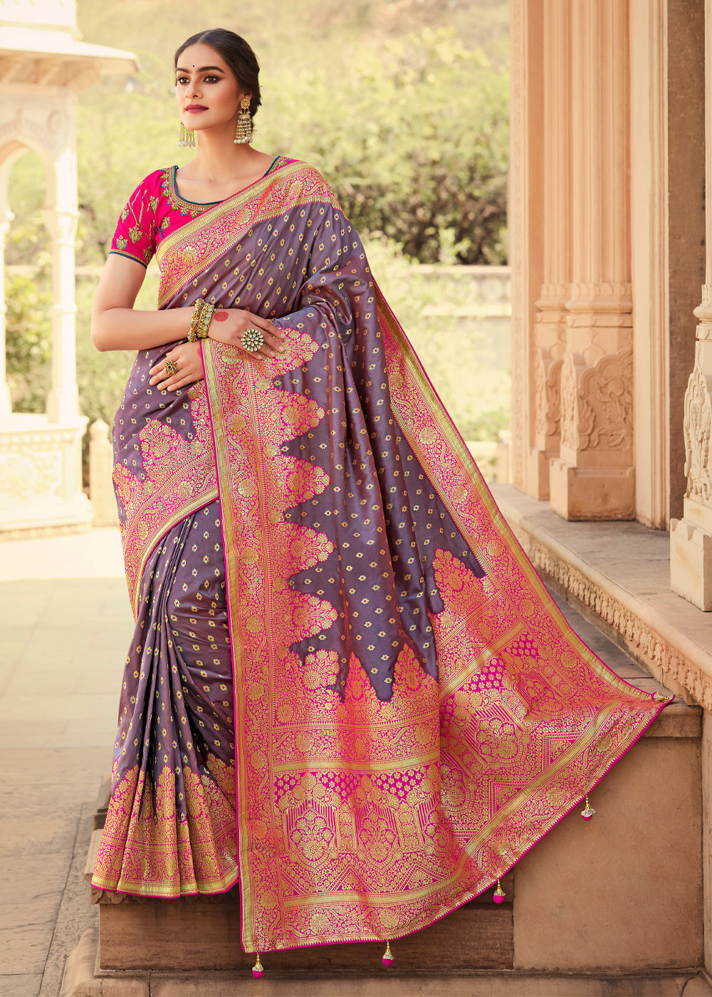 Buy MySilkLove Falcon Purple and Pink Zari Woven Banarasi Saree with Designer Blouse Online