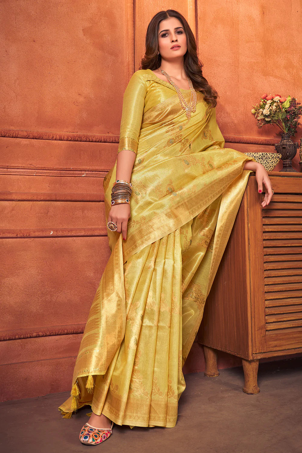 Buy MySilkLove Equator Yellow Cotton Tissue Silk Saree Online