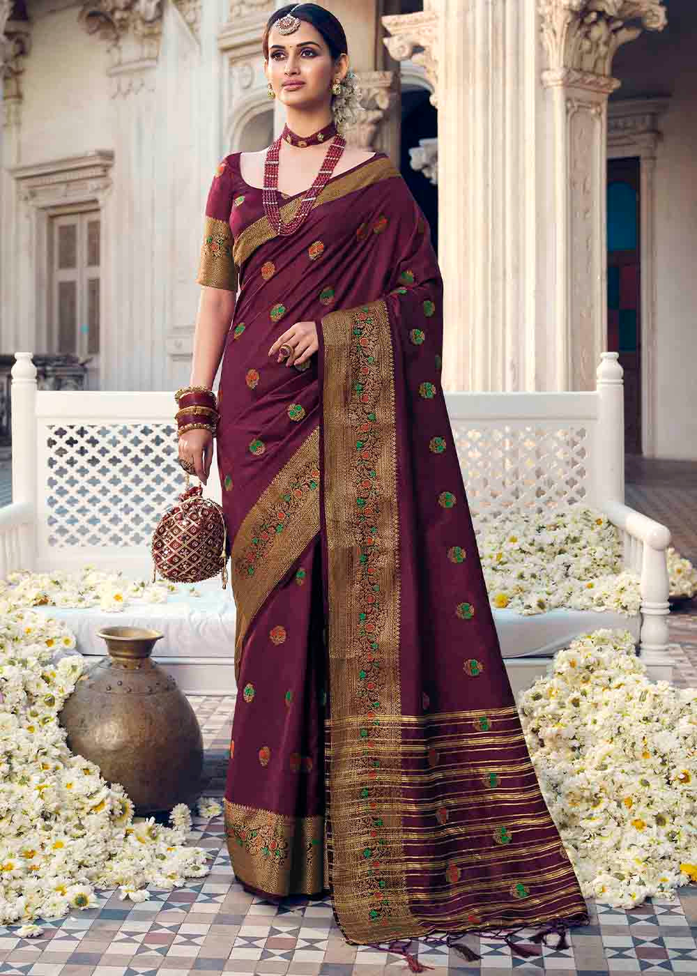 Buy MySilkLove Berry Purple Zari Woven Banarasi Raw Silk Saree Online