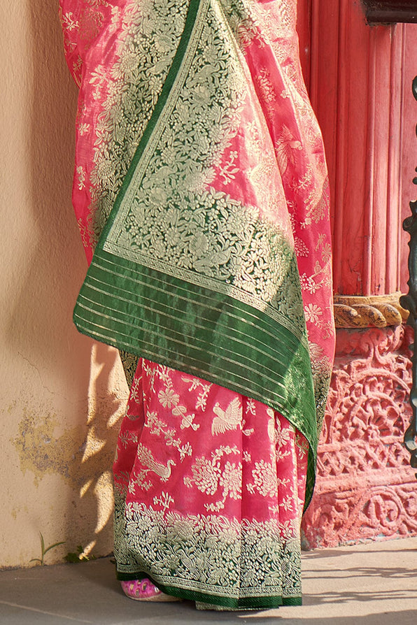 Buy MySilkLove Froly Pink and Green Organza Saree Online