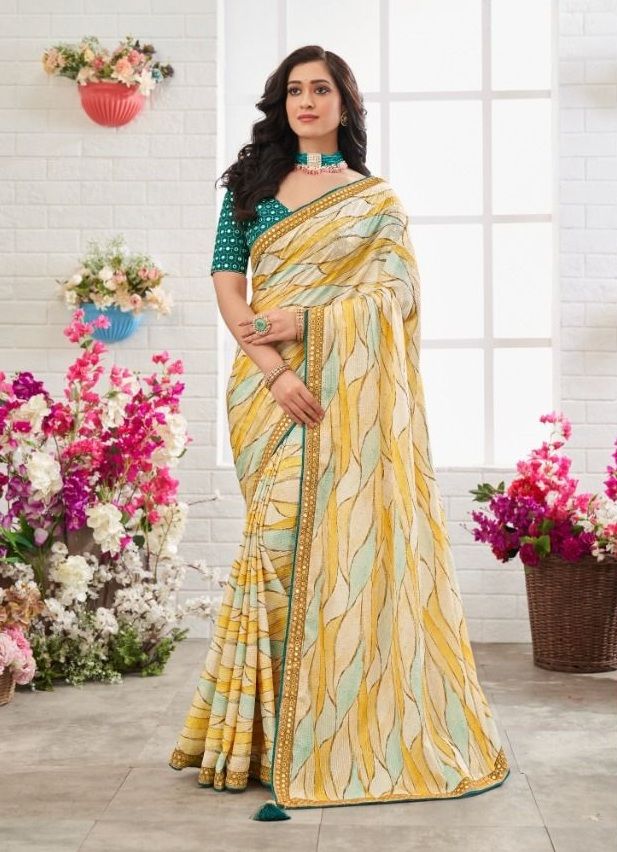 Buy MySilkLove Anzac Yellow Chinon Printed Saree Online