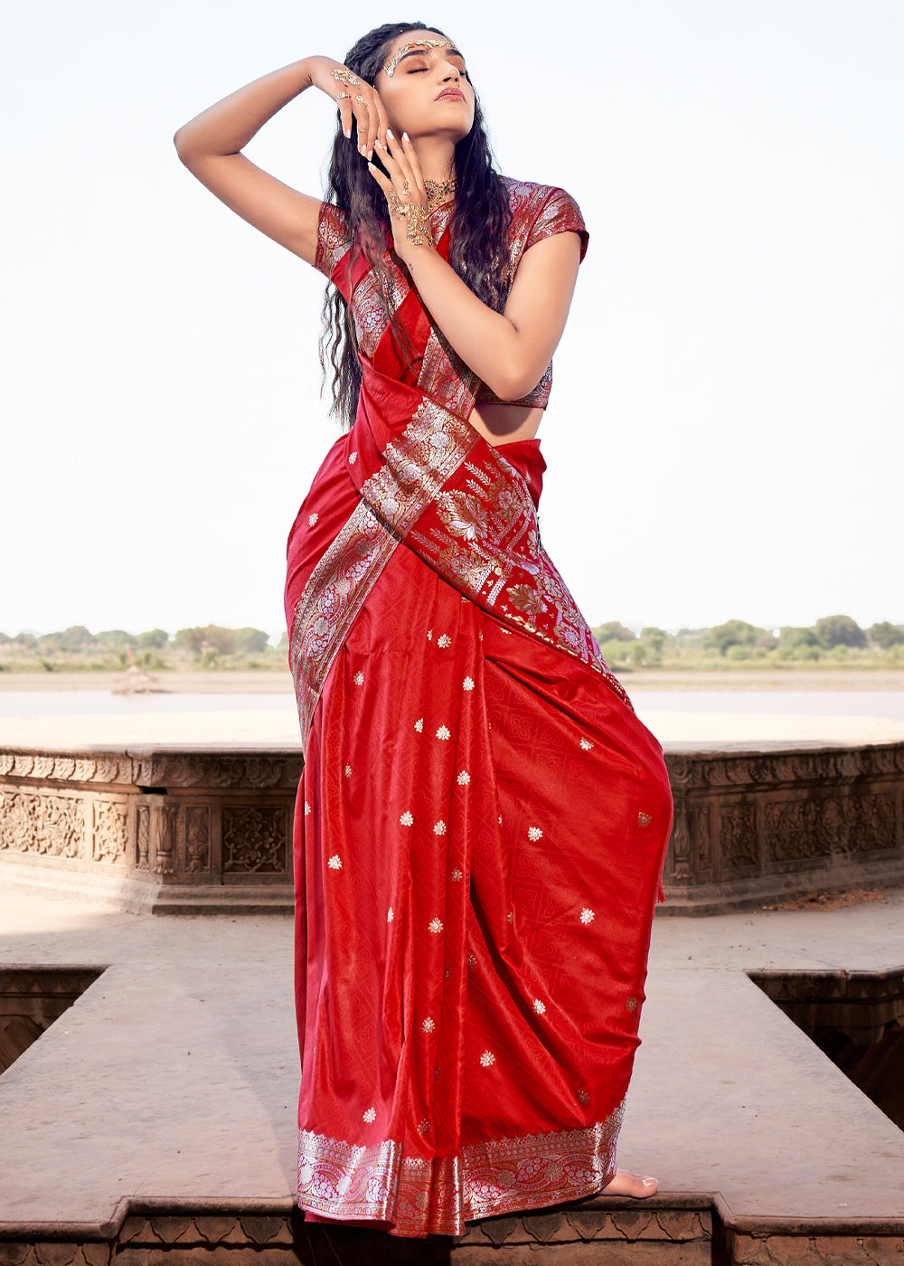 Thunderbird Red Woven Banarasi Satin Silk Saree