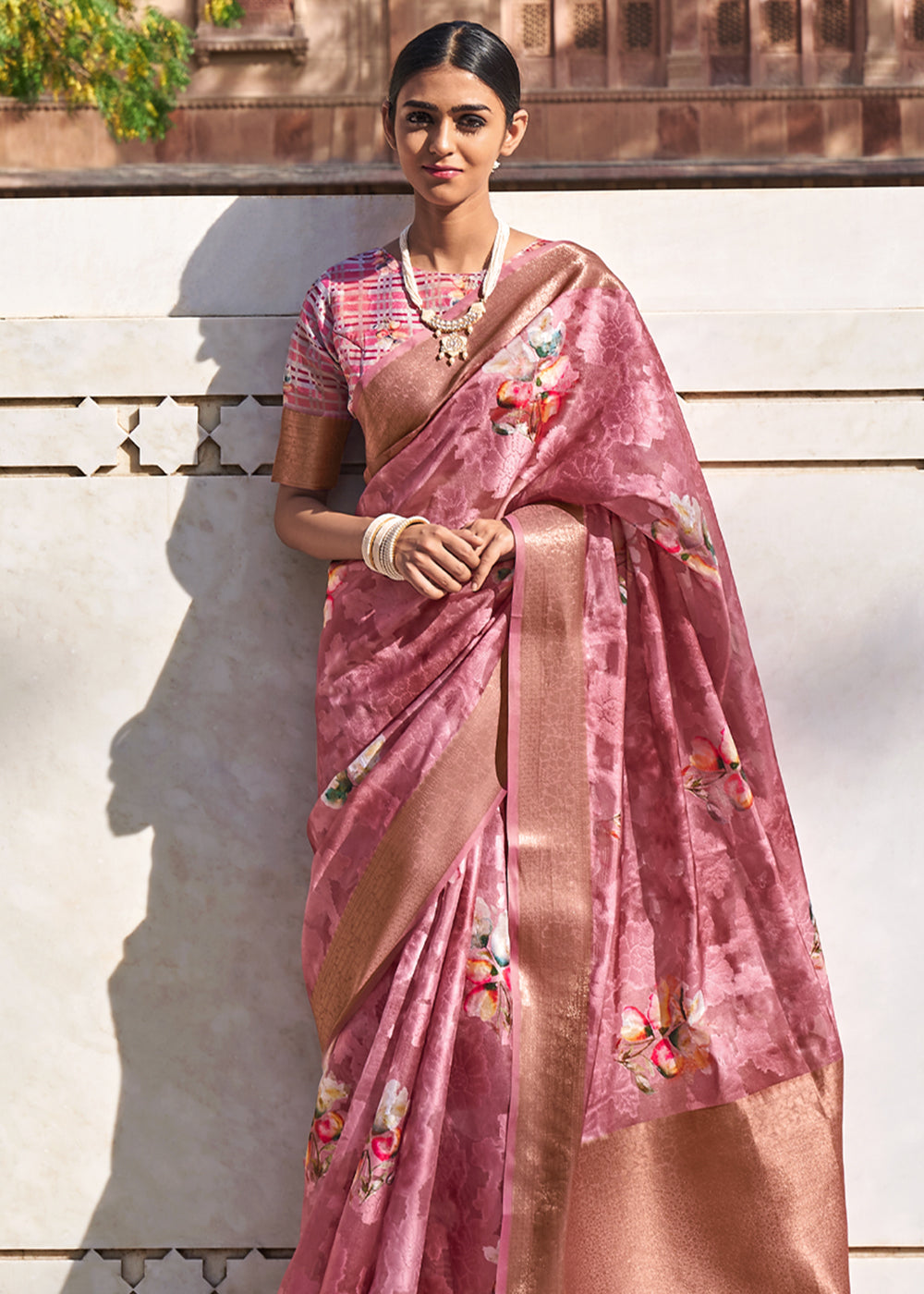 MySilkLove Rust Pink Digital Printed Banarasi Cotton Saree