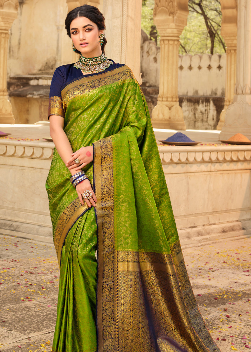 Buy MySilkLove Atlantis Green and Blue Zari Woven Kanjivaram Saree Online