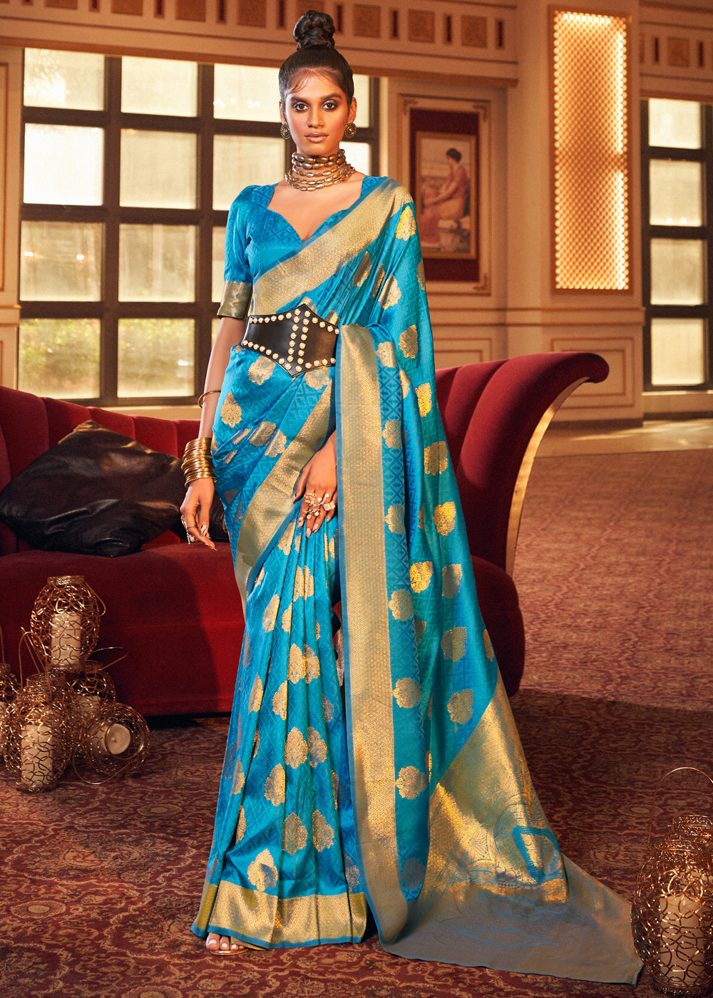 Buy MySilkLove Metallic Seaweed Blue Woven Banarasi Silk Saree Online