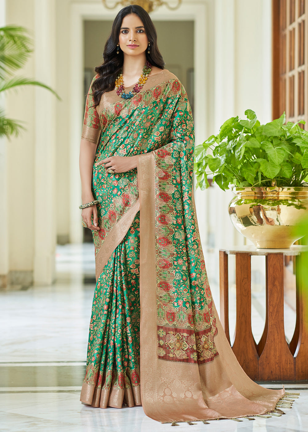 Buy MySilkLove Pine Green Banarasi Saree with Jamewar Print Online