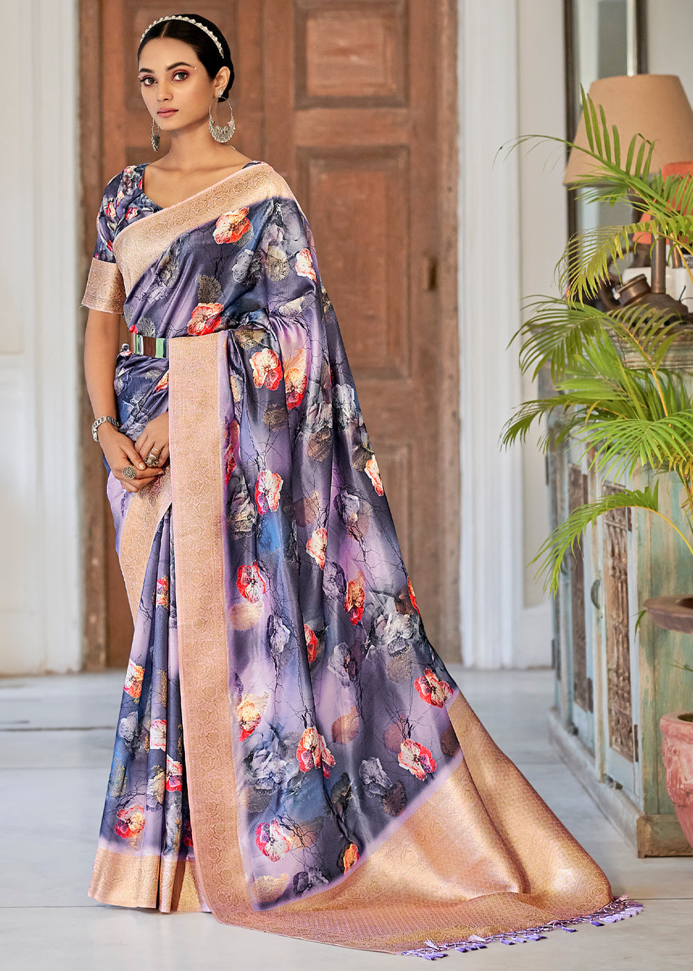 Buy MySilkLove Lynch Blue Digital Printed Banarasi Saree Online