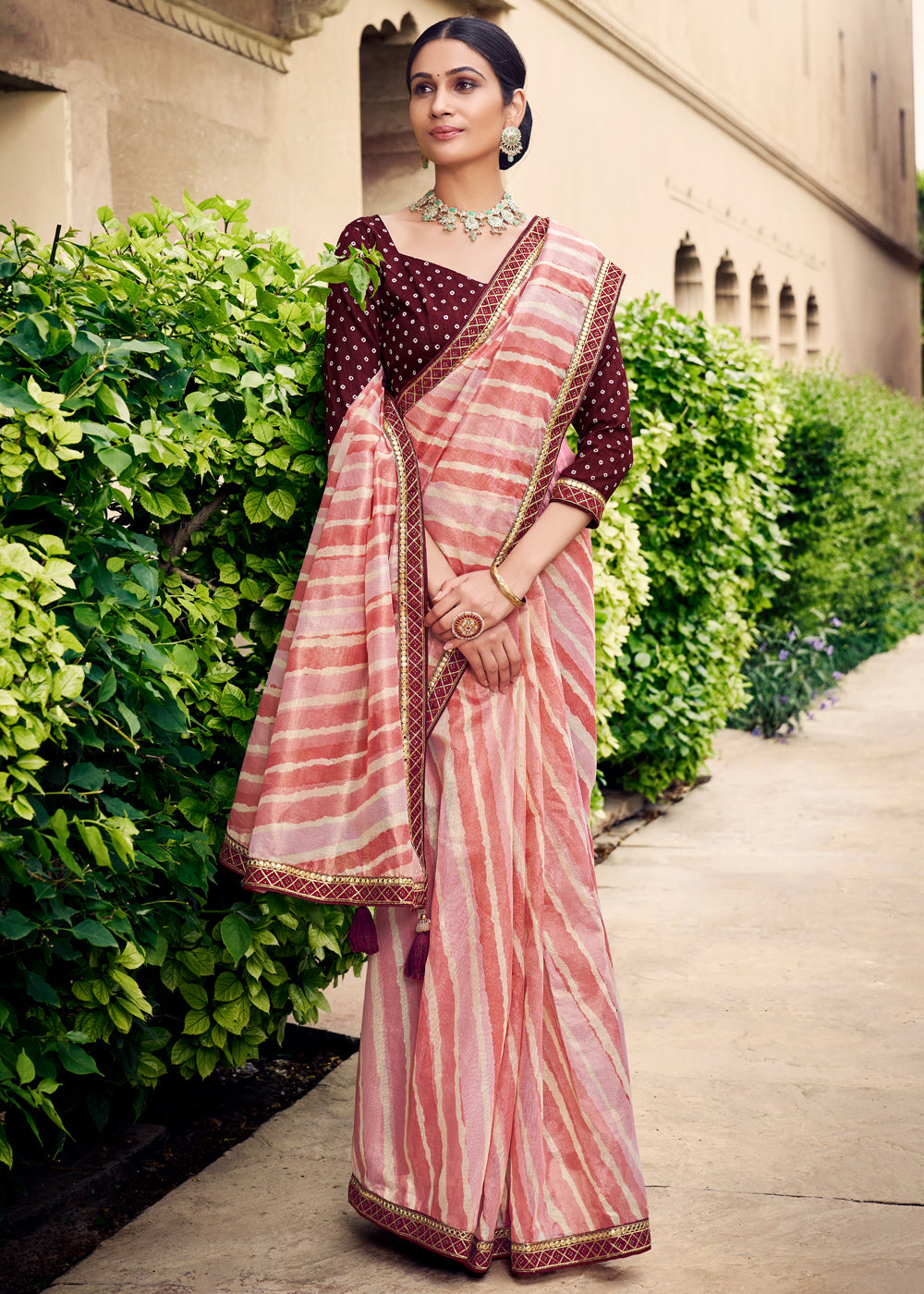 Buy MySilkLove Melon Pink Digital Printed Lehriya Silk Saree Online