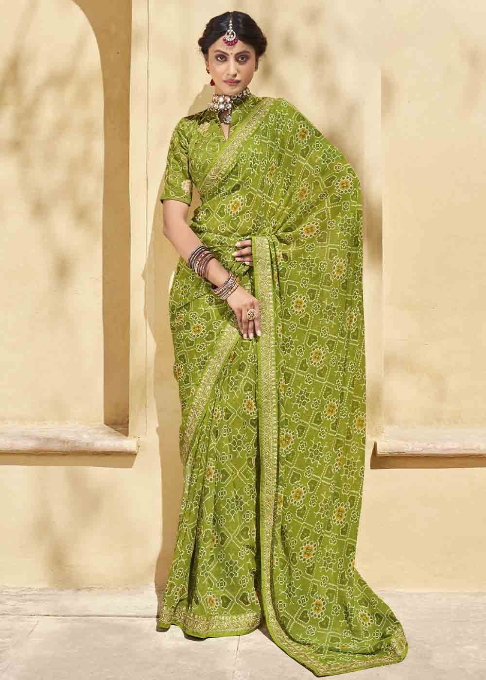 Buy MySilkLove Celery Green Patola Print Georgette Saree With Embroidered Blouse Online