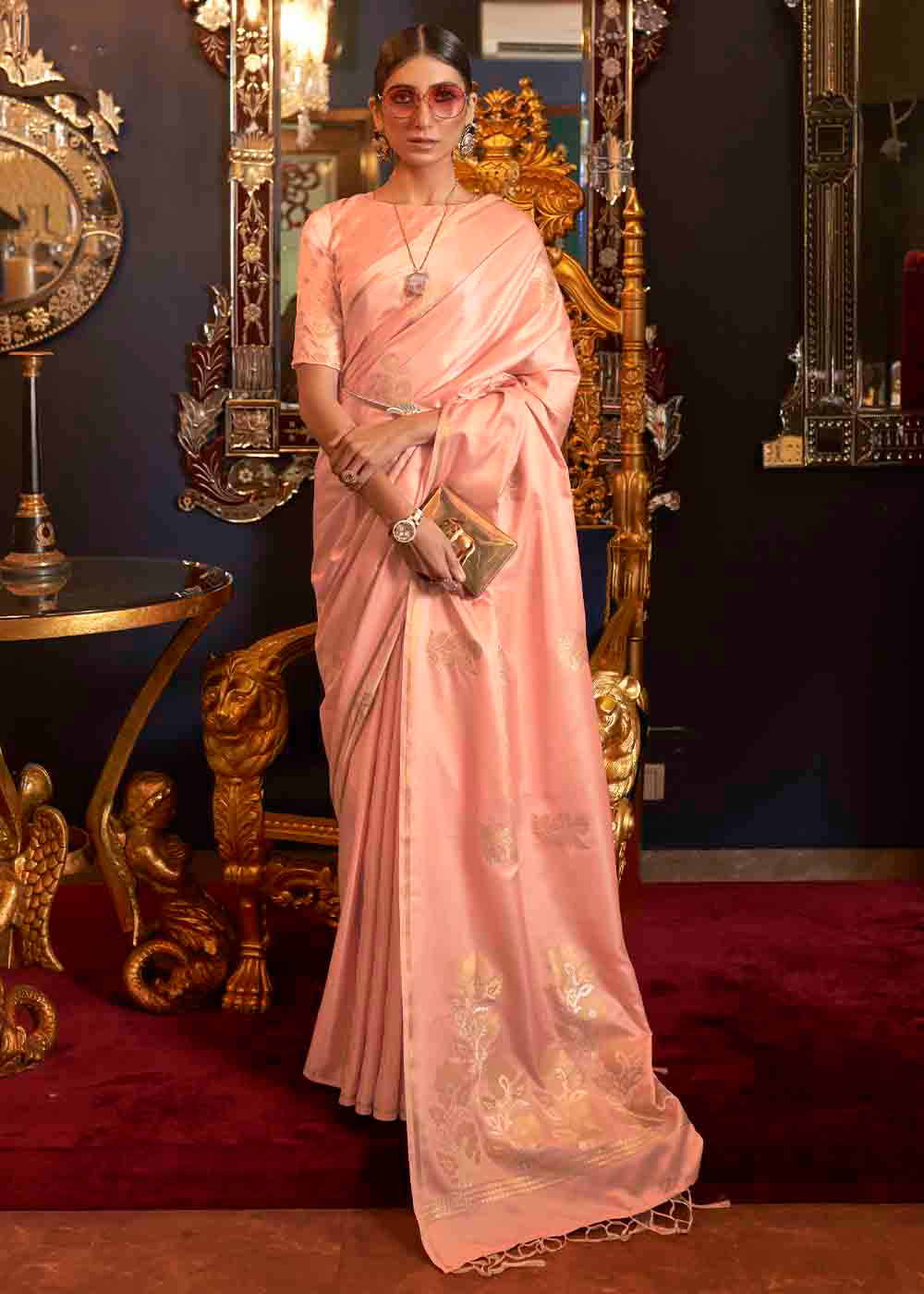 Buy MySilkLove Bud Pink Zari Woven Banarasi Satin Silk Saree Online