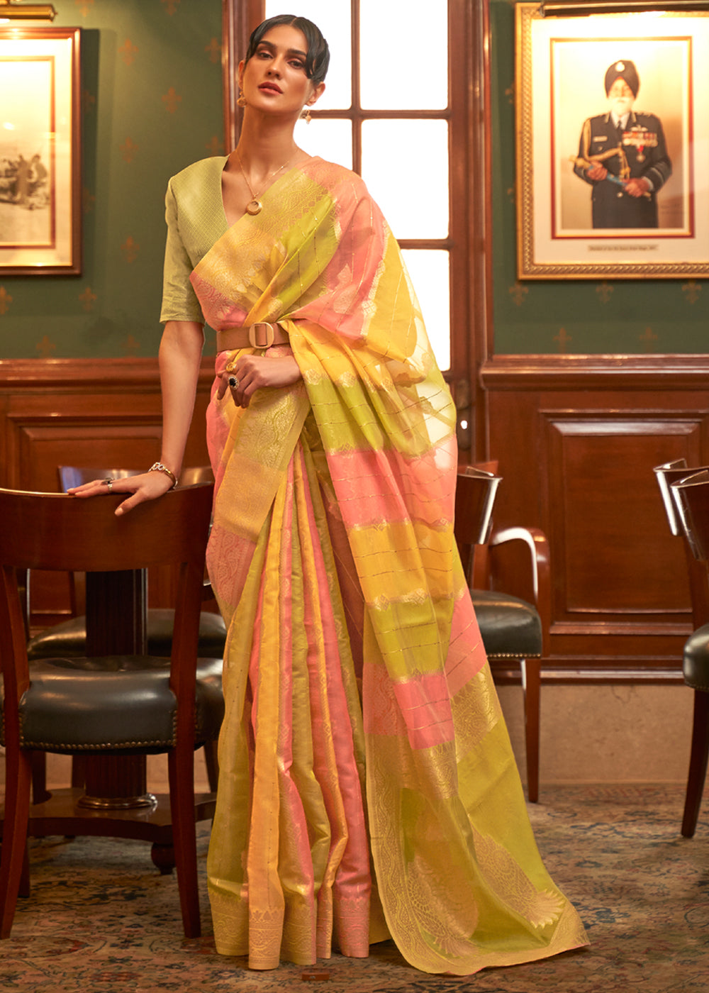 Buy MySilkLove Ronchi Yellow Green and Pink Zari Woven Banarasi Organza Saree Online