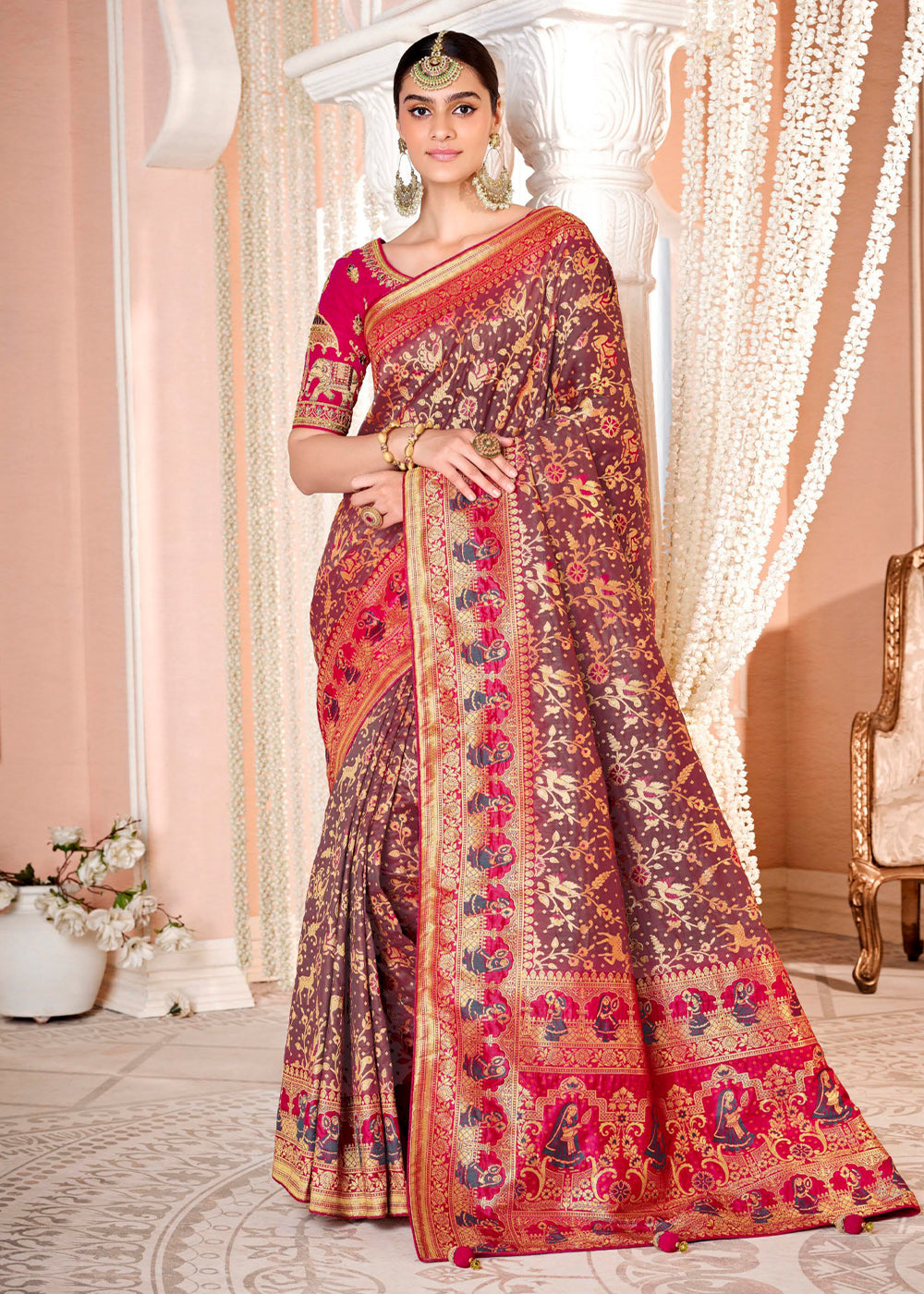 Buy MySilkLove Medium Purple and Pink Zari Woven Banarasi Saree with Designer Blouse Online