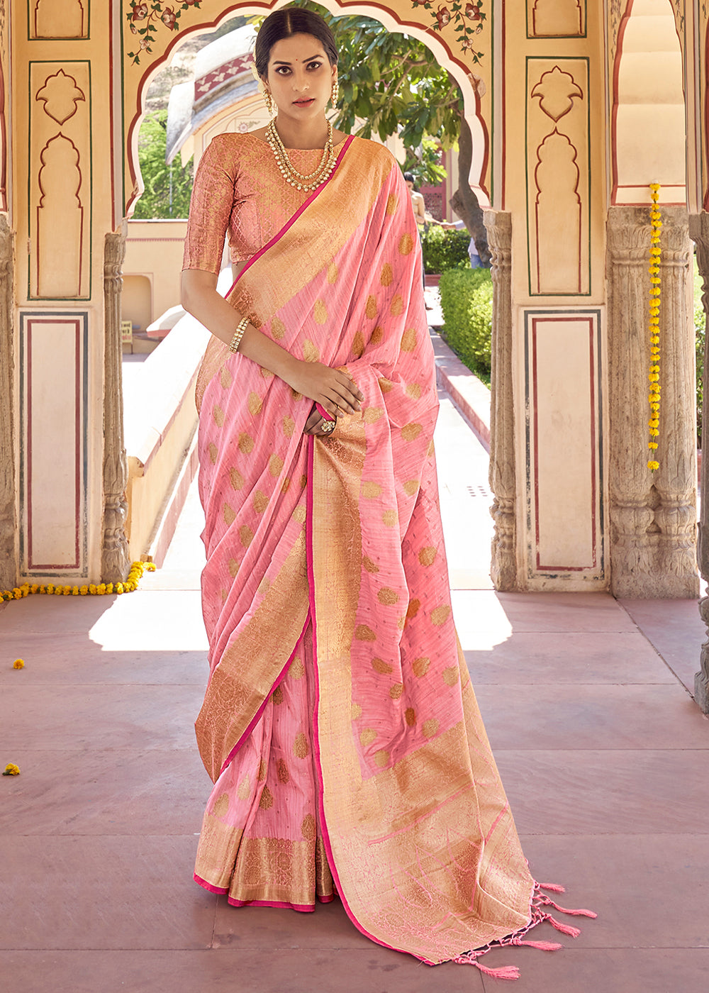 Buy MySilkLove Pastel Pink Zari Woven Banarasi Linen Saree Online