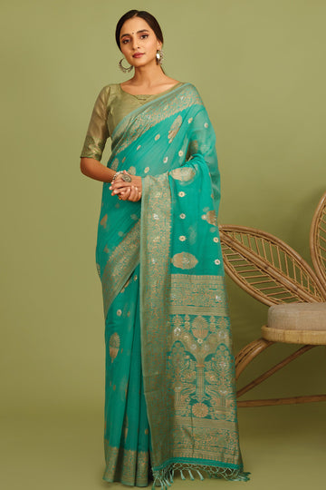 Buy MySilkLove Spray Blue Zari Woven Linen Saree Online