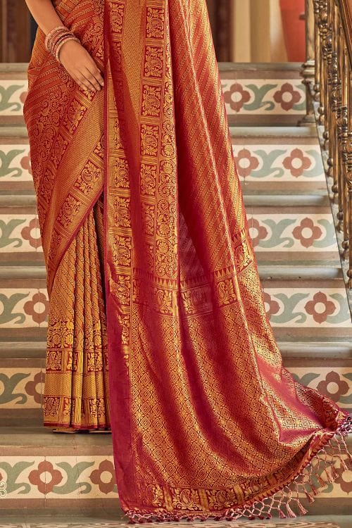 Buy MySilkLove Cognac Brown Zari Woven Tanchui Kanjivaram Fusion Silk Saree Online