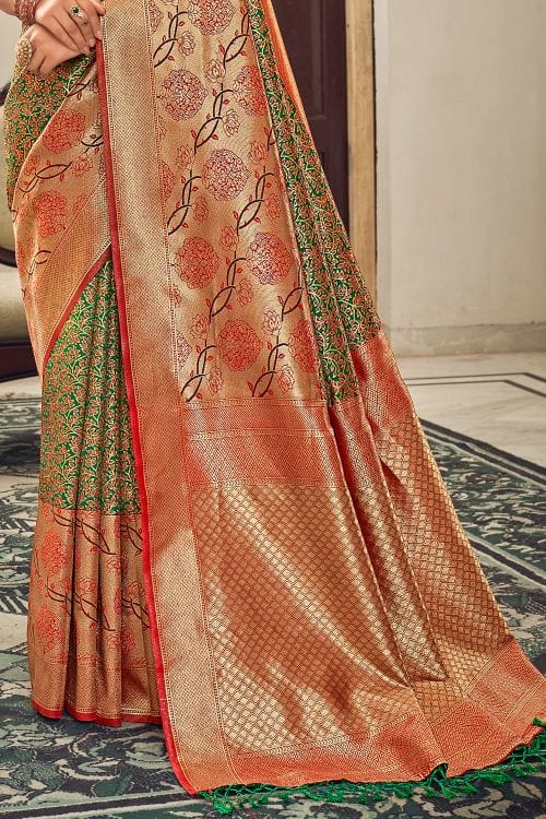 Buy MySilkLove Sapling Green and Red Zari Woven Banarasi Saree Online