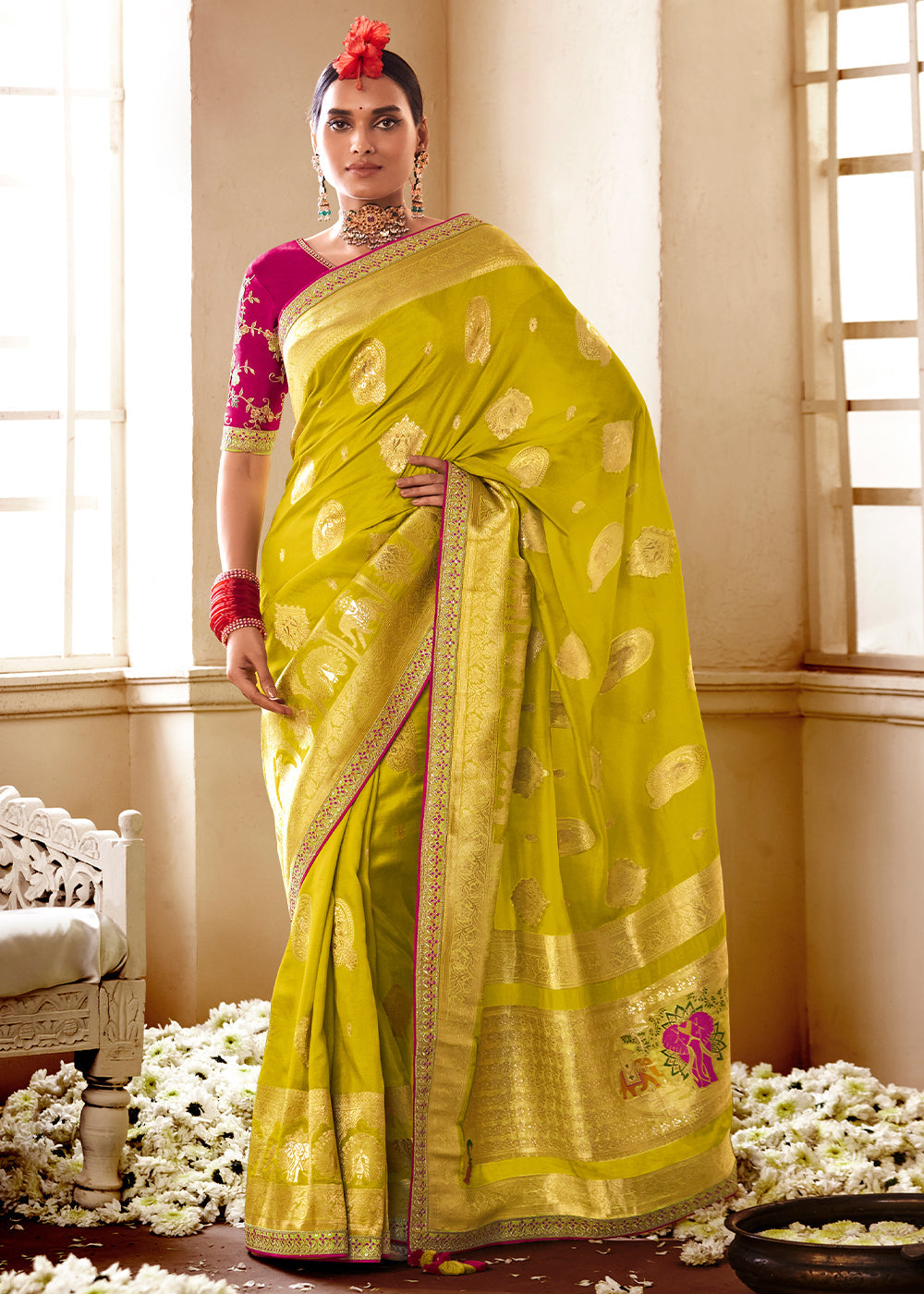 Buy MySilkLove Anzac Green and Red Banarasi Saree with Designer Blouse Online