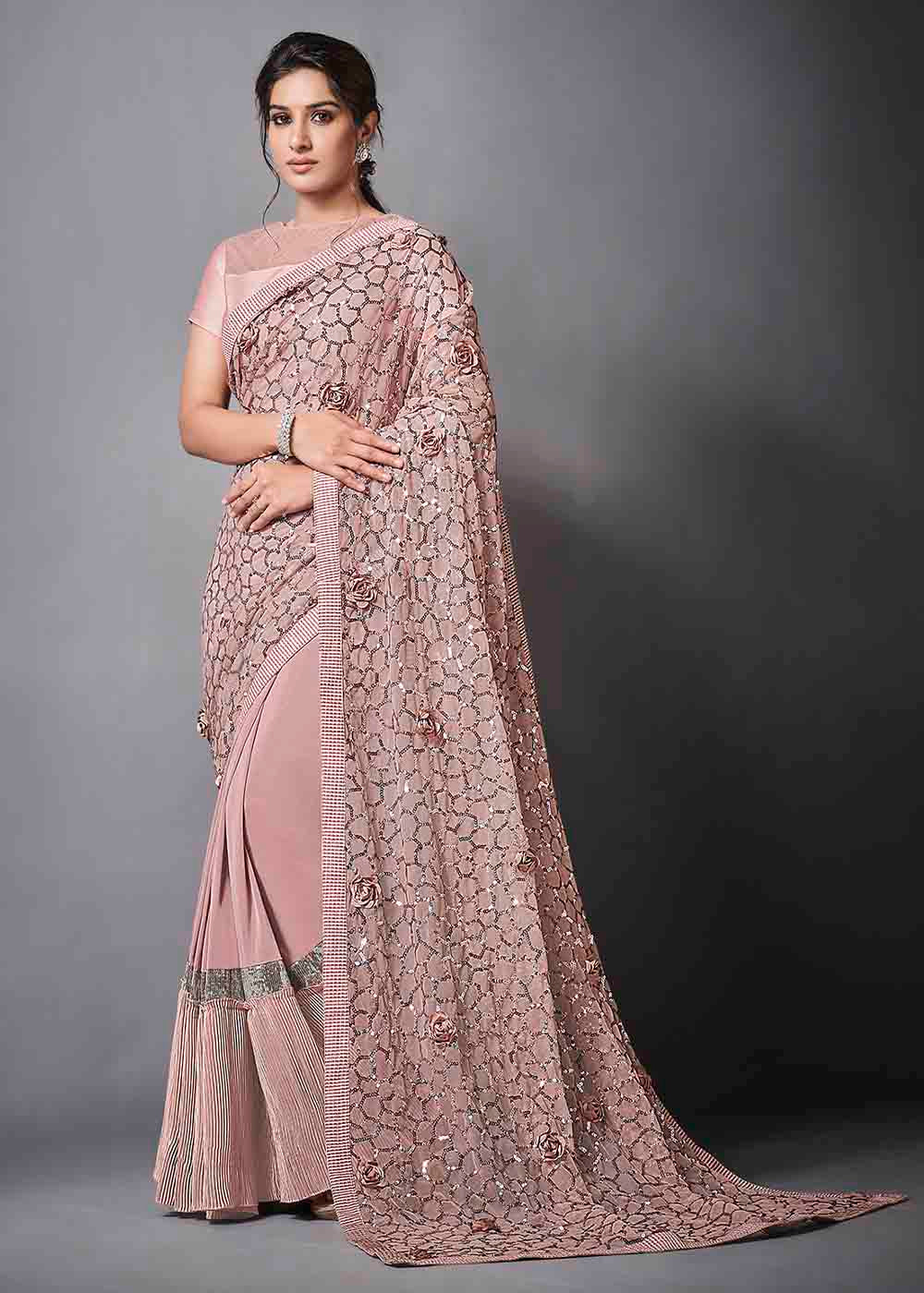 Buy MySilkLove Eunry Pink Designer Lycra Saree with Embroidery Work Online