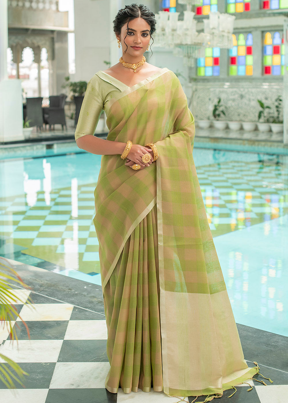 Buy MySilkLove Husk Green Zari Woven Checks Linen Saree Online